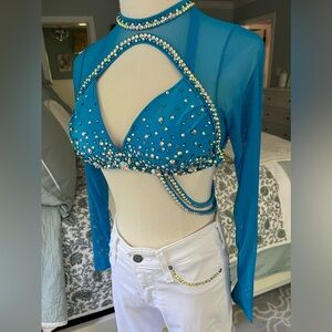 Custom Tap Costume - Dance - Blue / White Sz 32A Bra / Sz 24 Jeans w Rhinestones